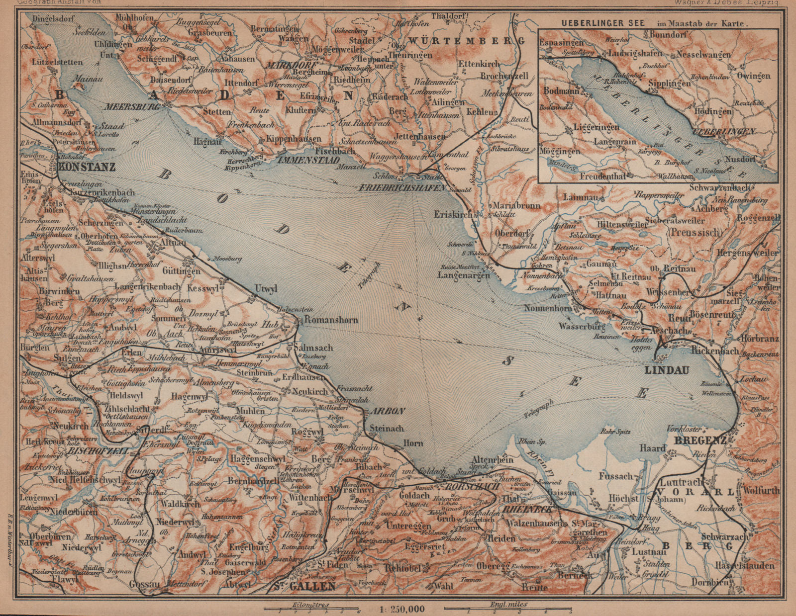 LAKE CONSTANCE inset LINDAU. Konstanz St Gallen Bregenz. Topo-map 1901 old